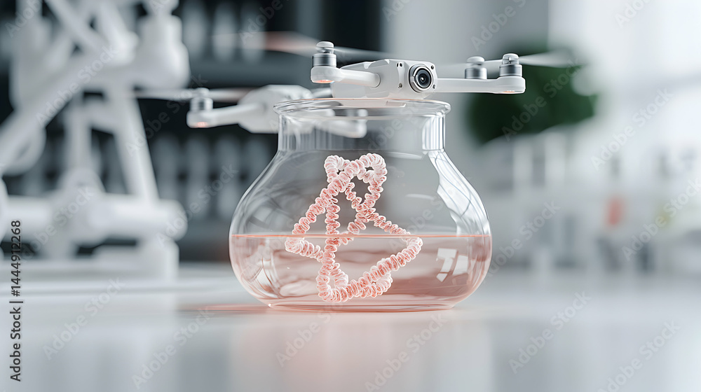 Poster a futuristic laboratory concept showcasing a drone inspecting a sample containing a complex molecule