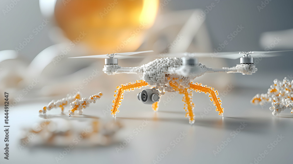Poster a stylized drone crafted from blocks and linear elements showcasing a unique aesthetic. perfect for 