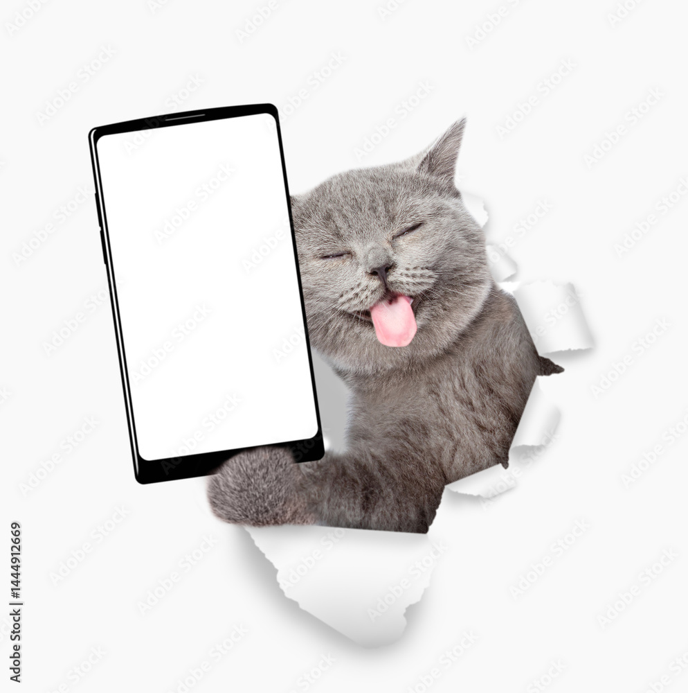 Aufkleber Happy cat with tongue out holding big smartphone with white blank screen through torn white paper hole. Empty free space for mock up