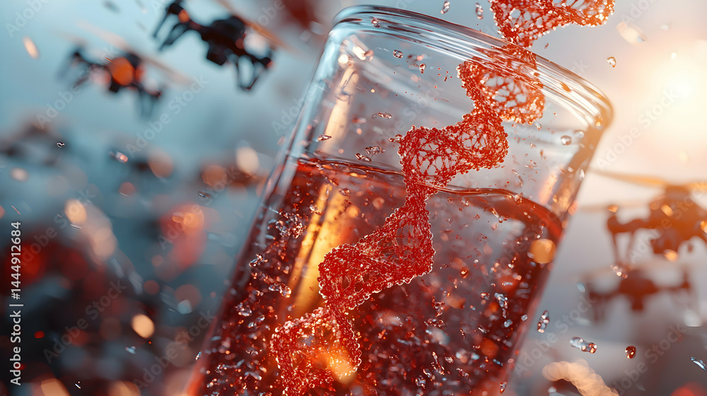 Poster a futuristic scene showing a beaker with dna strands surrounded by drones. suitable for science tech