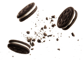 flying Oreo cookies with crumbs isolated on transparent white background, clipping path isolated on white background PNG