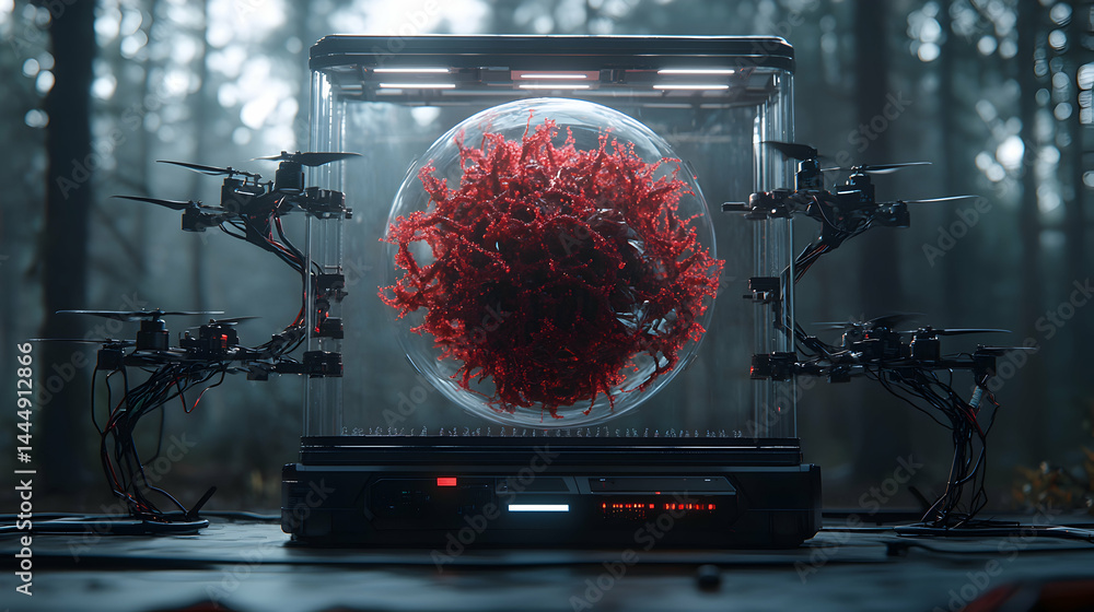Fototapete a futuristic scene features drones interacting with a contained red organic structure. science ficti