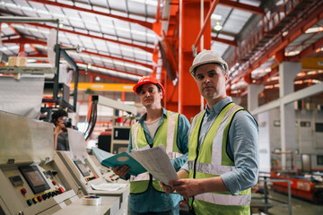 Industrial technicians collaborate in factory, focusing production systems, equipment operation,...