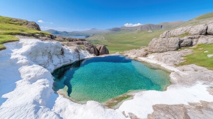 A serene natural pool with crystal-clear turquoise water nestled in rocky terrain, surrounded by lush green hills, bright sunny day, and tranquil landscape.