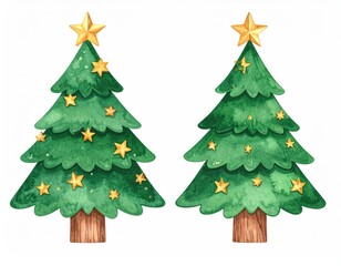 Fototapeta premium Charming Watercolor Christmas Trees: Festive Green with Golden Stars