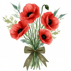 Vibrant bouquet of red poppies with green leaves and bow.