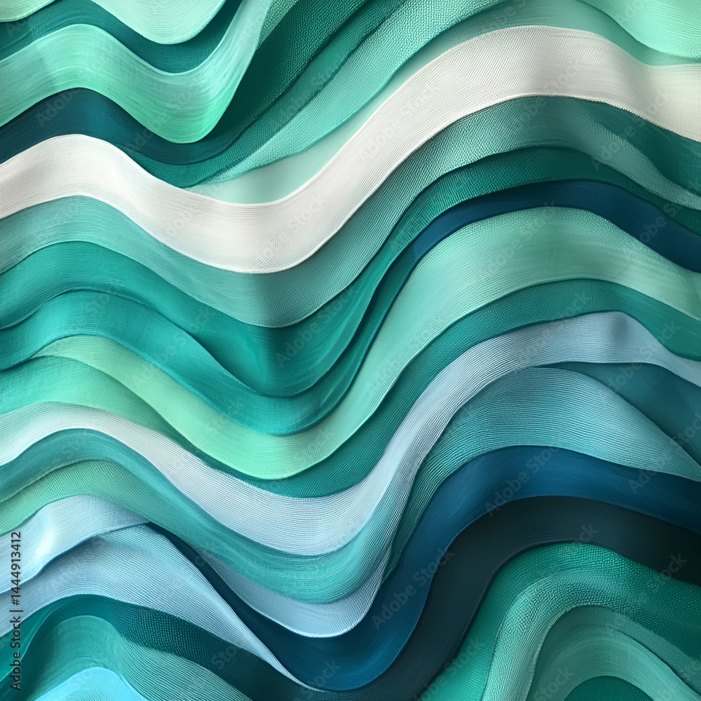 Poster flowing aqua and emerald wave pattern textile design fabric art studio close-up soft and layered aes
