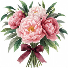Elegant bouquet of pink peonies with greenery and maroon ribbon.