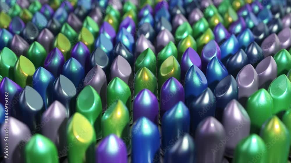 Poster metallic iridescent bullets spinning across geometric grid, generating mesmerizing color spectrum an