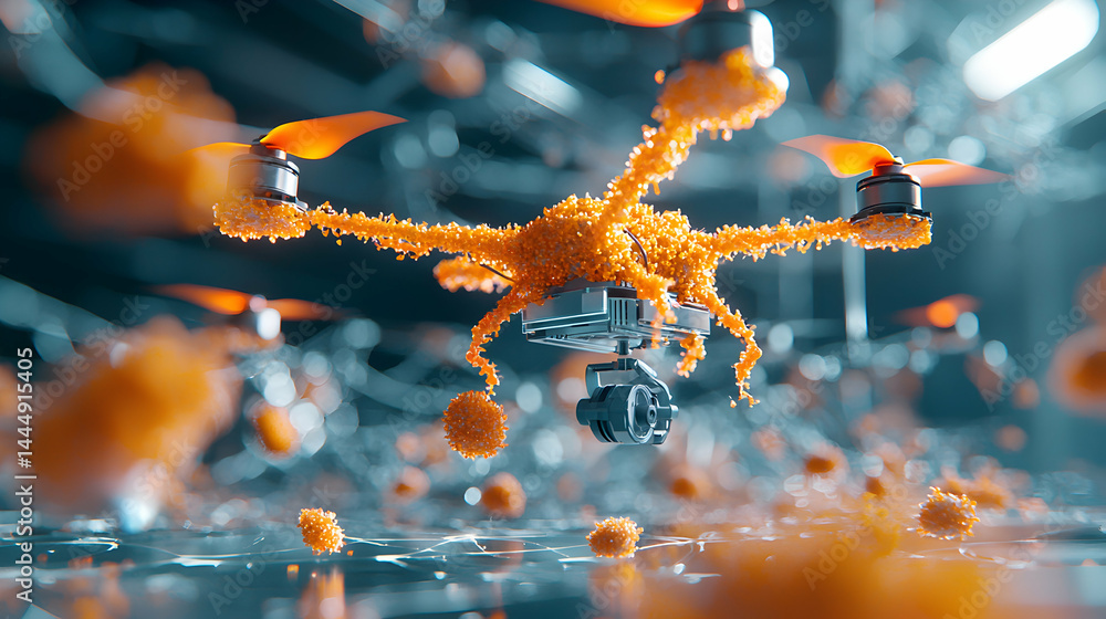 Poster a drone covered in orange particles floating in a blurry environment. this image could be used to il