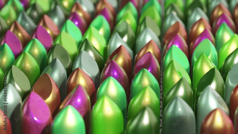 Poster metallic iridescent lipstick bullets rotating smoothly, creating colorful abstract background with s