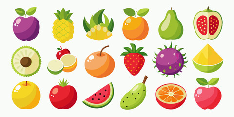 リンゴ、バナナ、イチゴ、オレンジ、ブドウ、スイカ、パイナップル、チェリーなどのカラフルなフルーツアイコンのコレクション