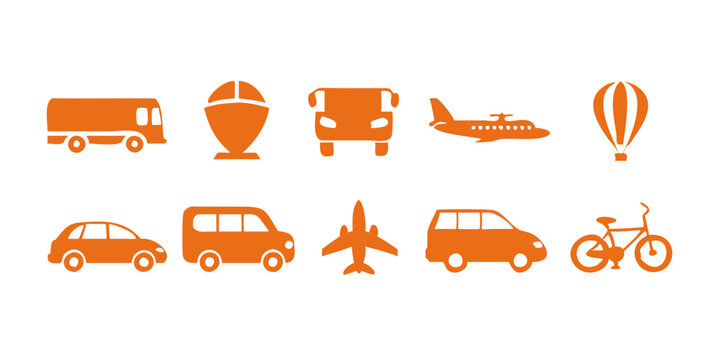 Colecci&oacute;n de iconos de transporte, incluidos autom&oacute;viles, autobuses, bicicletas, motocicletas, aviones, trenes, barcos, camiones, taxis, scooters, helic&oacute;pteros, metros, etc.