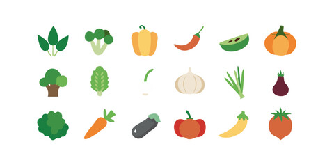 Colecci&oacute;n de &iacute;conos vegetales detallados como zanahoria, br&oacute;coli, tomate, pepino, pimiento morr&oacute;n, cebolla, ajo, papa, espinaca y lechuga para ilustraciones culinarias y de jardiner&iacute;a.