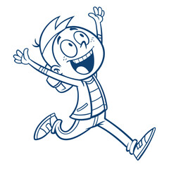 Outline Cartoon Boy Leaping and Smiling with Arms Raised on an Isolated White Background