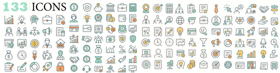 Set of 133 colorful vector business and finance icons including analytics, target, money, briefcase, handshake, banking, credit card, light bulb, pie chart, user management, growth, marketing, laptop,