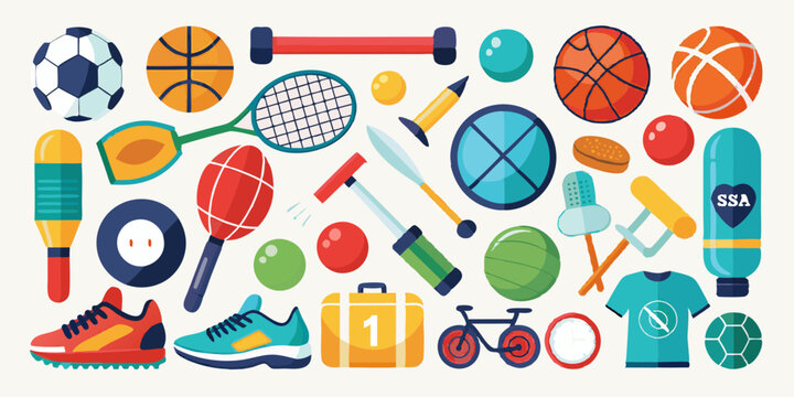 Colecci&oacute;n de iconos de deportes y fitness: bal&oacute;n de f&uacute;tbol, ​​baloncesto, raqueta de tenis, bate de b&eacute;isbol, f&uacute;tbol americano, palo de golf, voleibol, palo de hockey y m&aacute;s. Iconos de actividades depor