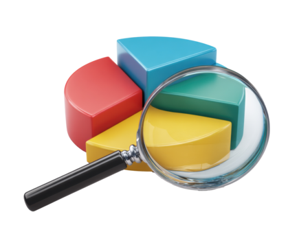 Analyze data trends with pie chart segments and magnifying glass, cut out