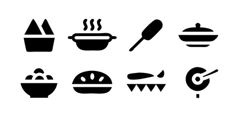 寿司、ラーメン、パスタ料理、パエリア、クロワッサン、チーズ盛り合わせ、タコスなど、グルメと各国の料理のアイコンのコレクション。