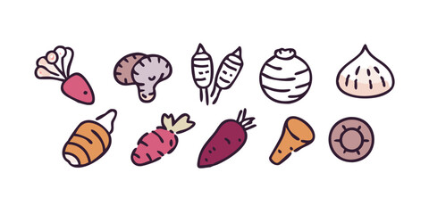 Set of root vegetable icons featuring carrot, potato, beetroot, radish, turnip, and more, ideal for food, nutrition, and agriculture designs