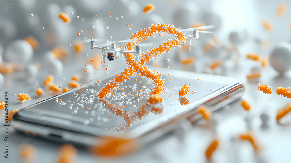 Poster image showcases a drone interacting with a dna-like structure. it's on a smartphone with floating pa
