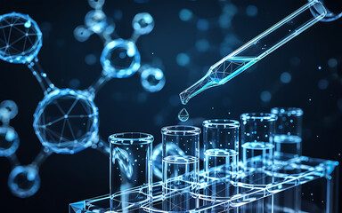 Digital Pharmaceutical Research Concept Pipette Dripping into Test Tubes with Molecule Structure in Blue Tones