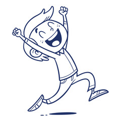 Cartoon Caucasian Boy Jumping with Joy, Arms Raised, Smiling, Happiness, Outline Style