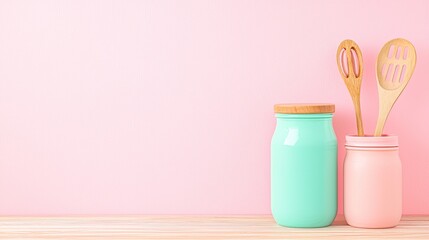 Pastel Kitchen Utensils and Jars on Pink Background