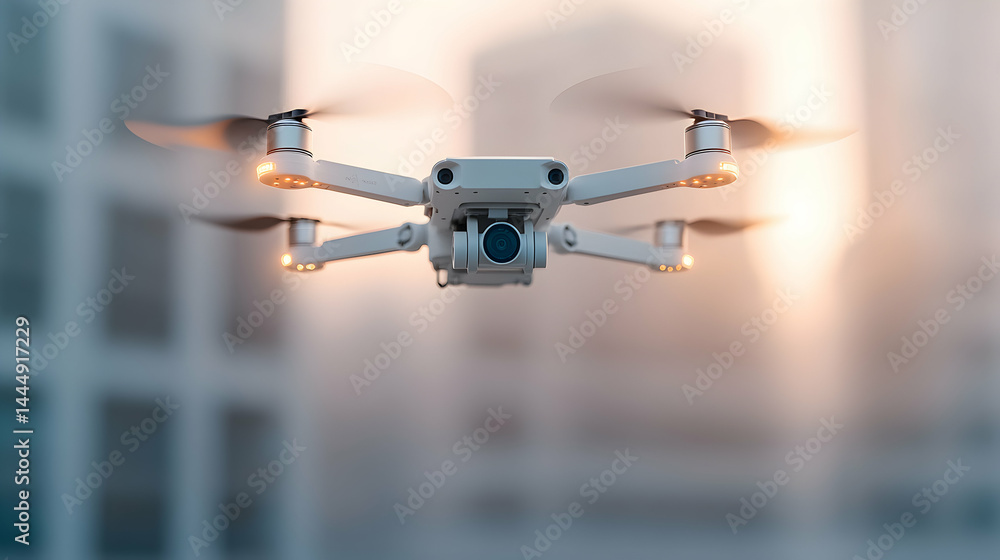 Poster this image shows a drone in flight against a blurred background. use it for tech articles or promoti