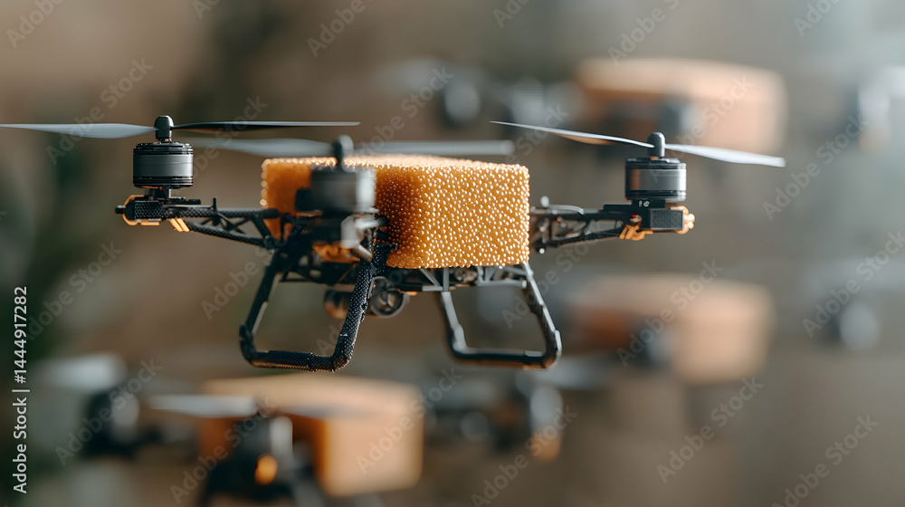 Aufkleber a drone flies carrying a foam block potentially for impact testing or as an experimental payload. ap