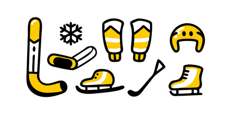 Colección de iconos de los deportes de invierno: esquí, snowboard, patines de hielo, trineo, bobsleigh, palo de hockey sobre hielo, piedra de curling, moto de nieve, raquetas de nieve