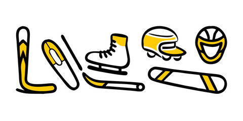 Colección de iconos de los deportes de invierno: esquí, snowboard, patines de hielo, trineo, bobsleigh, palo de hockey sobre hielo, piedra de curling, moto de nieve, raquetas de nieve