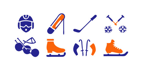 Winter Sports Icons collection: Ski, snowboard, ice skates, sled, bobsleigh, ice hockey stick, curling stone, snowmobile, snowshoe