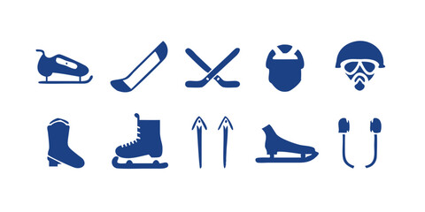 Colección de iconos de los deportes de invierno: esquí, snowboard, patines de hielo, trineo, bobsleigh, palo de hockey sobre hielo, piedra de curling, moto de nieve, raquetas de nieve