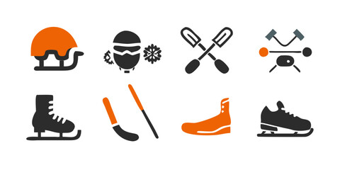 Colección de iconos de los deportes de invierno: esquí, snowboard, patines de hielo, trineo, bobsleigh, palo de hockey sobre hielo, piedra de curling, moto de nieve, raquetas de nieve