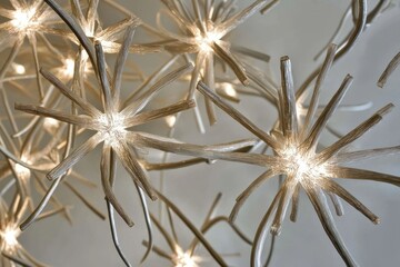 Clustered light fixture with delicate, star-shaped designs,  illuminated by small bulbs  Each star is composed of thin, light beige rods radiating outward