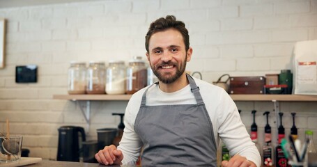 Happy, barista and portrait of man in coffee shop for espresso machine, waiter and small business...