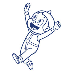 Cheerful Cartoon Boy Line Art in Retro Jumpsuit with Joyful Expression and Upward Motion
