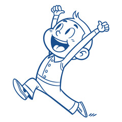 Outline Boy Jumping with Excitement, Arms Raised & Thumbs Up, Joyful Cartoon on White