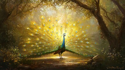 A beautiful peacock spreading its vibrant feathers in a lush Indian forest