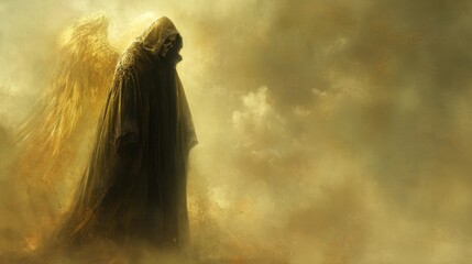 A solitary figure draped in dark robes, bathed in golden light.