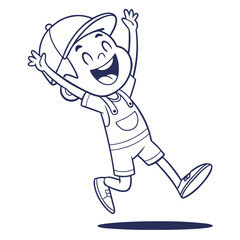 Happy Boy Outline Jumping with Joy, Cartoon Kid Wearing Cap with Raised Hands Up