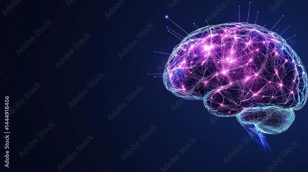 Poster digital brain visualization with neon connections and glowing nodes