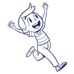 Outlined Boy Jumping with Arms Raised, Striped Shirt, Cheerful, Happiness, Playful