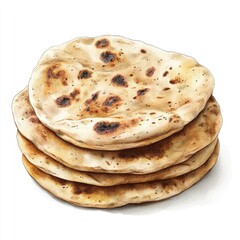 Freshly baked flatbreads stacked neatly on white background