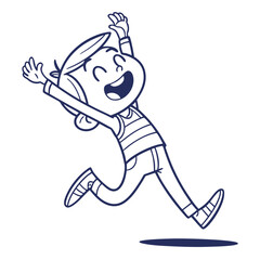 Cartoon Boy Running, Jumping, Celebrating, Outline Style, White Background, Happiness