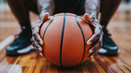  Basketball on the floor. Modern Basketball Arena with Rings with Spotlights, Creative Idea. Tournament and Win. Basketball game with full hall of fans on background. Basketball Championship