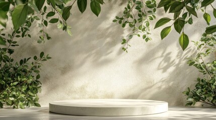 Round Stone Podium with Green Leaves and Sunlight