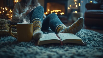 Cozy winter reading with hot drink