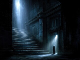 Obraz premium Mysterious ancient stone stairway leading to a shadowy doorway.